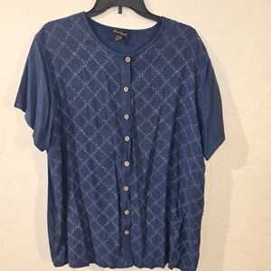 SACRED THREADS OS Blue embroidered lace stonewashed rayon Button up TOP TUNIC